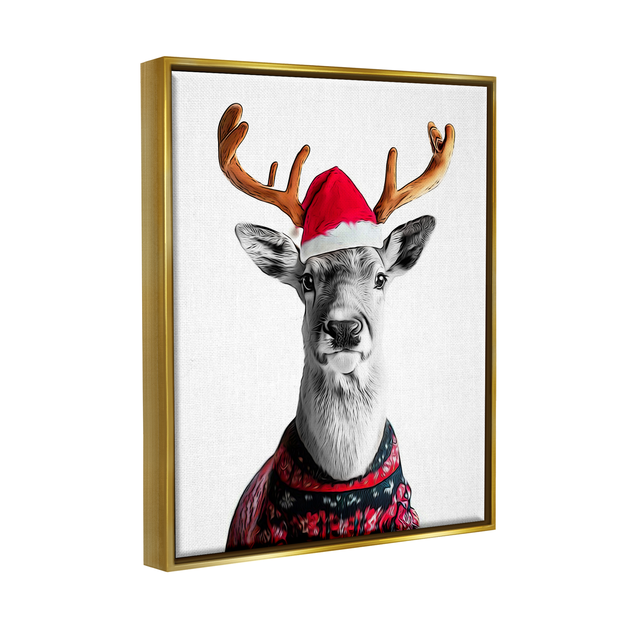 Stupell Industries Deer in Holiday Sweater Holiday Painting Gold Floater Framed Canvas Art Print Wall Art, 17 x 21