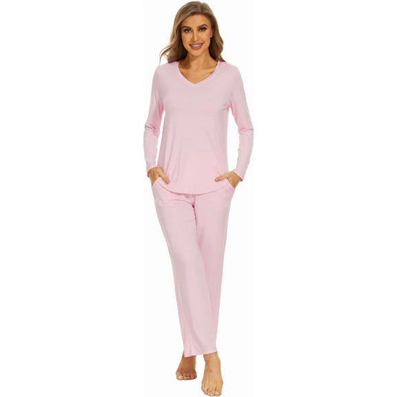 WiWi Pajamas for Women Long Sleeve Set Soft Casual Pj Warm Viscose from Bamboo 2 Piece Lounge Sets S-XXL, Pink, XX-Large