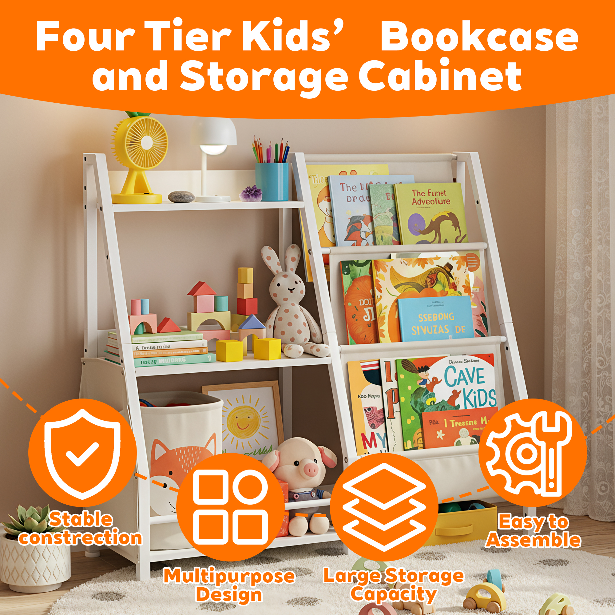 MAYEERTY Metal White Kids Bookshelf, 3-Tier Bookcase with Side Pocket, Children's Storage Organizer for Books & Toys