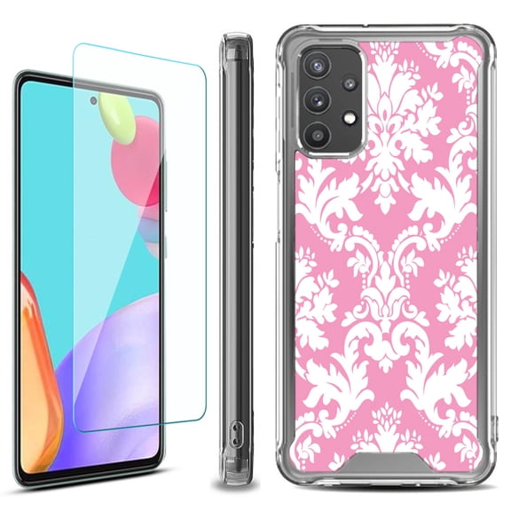 Shockproof Bumper Phone Case for Samsung Galaxy A53 5G, with Tempered Glass Screen Protector, by OneToughShield ® - Victorian White/Pink