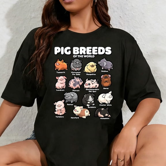 100% Cotton Unisex Cute Pig Breeds of The World Funny Farm Animal Lovers T-Shirt