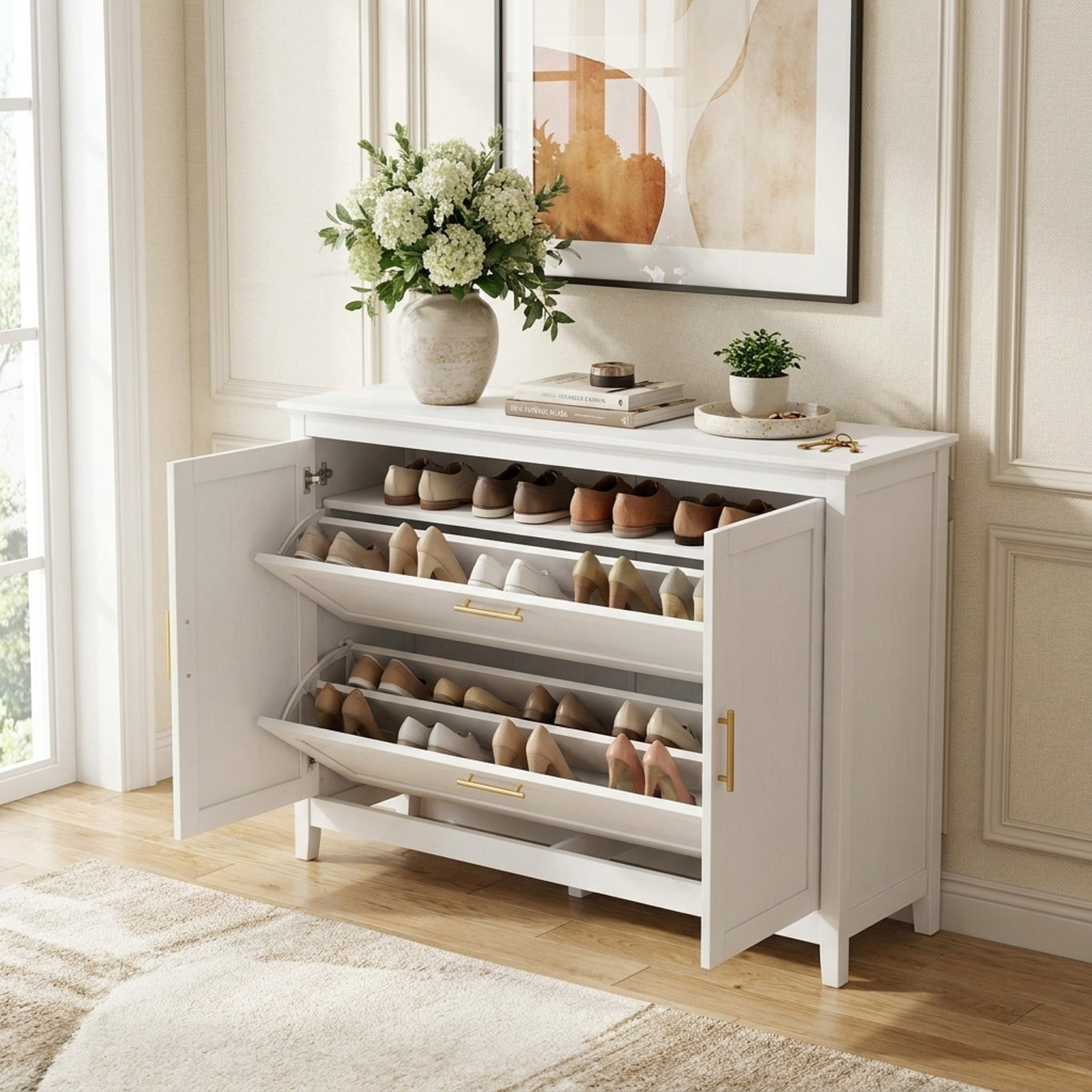 Furnibear Fluted Hidden Shoe Cabinet with 2 Flip Drawers and Open Storage for Entryway Hallway and Foyer Narrow Shoe Storage Organizer, White