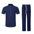 thumbnail image 3 of Wyobmus Men's 2 Piece Linen Sets Breathable Casual Short Sleeve Henley Shirts and Straght Fit Pants With Pockets Summer Thin Vacation Outfits Navy, 3 of 3