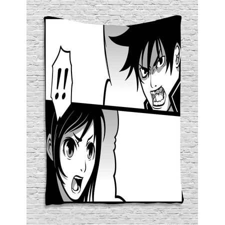 Anime Tapestry, Japanese Comics Strip with Boy and Girl Fight Scene Manga Image Cartoon Print, Wall Hanging for Bedroom Living Room Dorm Decor, Black White Gray, by