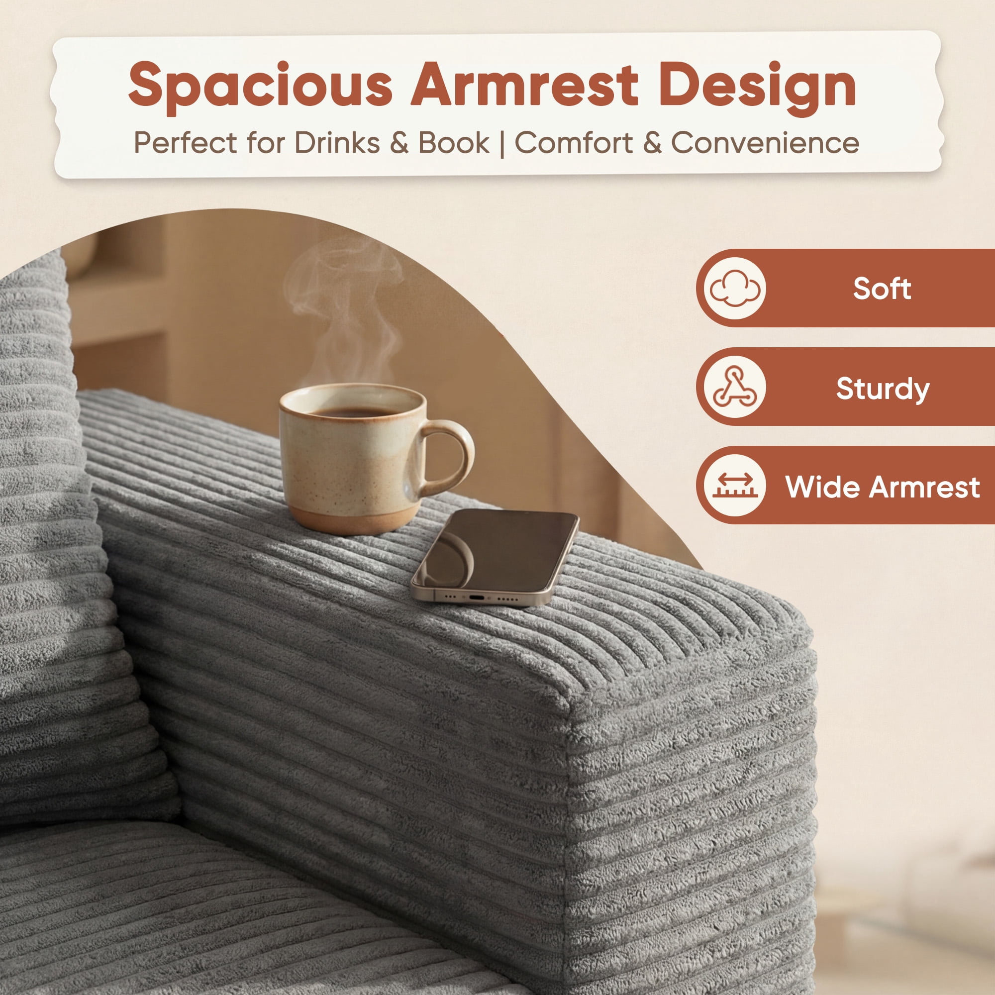 Homall 2-Seat Modular Corduroy Sofa, Sectional Couch with Convertible Modules, Modern Minimalist Sofa Set for Living Room, Freely Combinable Sofa Furniture, Grey