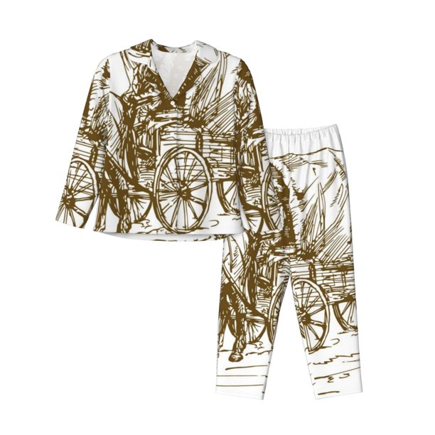 Balery Western Scenery With Old Wagon Conjunto de Pijama con Estampado para Mujer, Conjunto de Dos Piezas con Manga Larga, Ropa de Dormir Suave con Bolsillos, Pijamas Cómodos-XX-Large