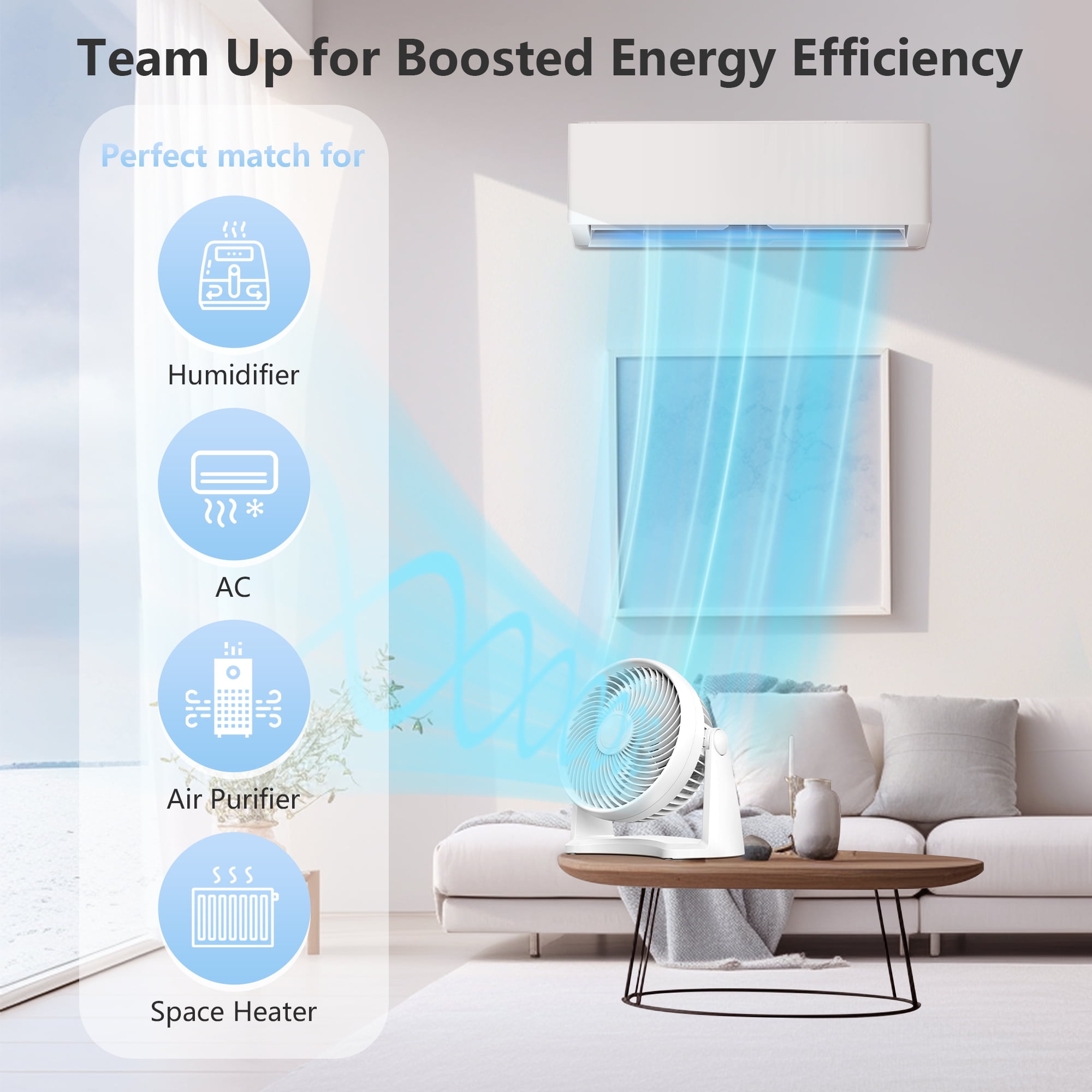 Qunler Table Fan, 9" Quiet Air Circulator Fan with 3 Speeds & 90° Pivoting Head, Air Conditioner Companion Small Desk Fan for Bedroom, Home, Office, Wall-Mounting Available, White