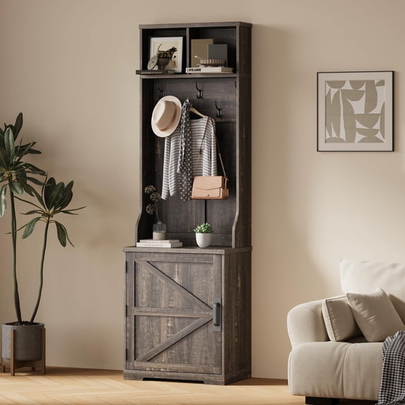 Farmhouse Hall Tree with Shoe Storage - 23.6" Entryway Coat Rack with 5 Hooks, Barn Door Cabinet, 2 Open Cubbies - Coat Organizer for Bedroom, Hallway, Living Room - Dark Brown