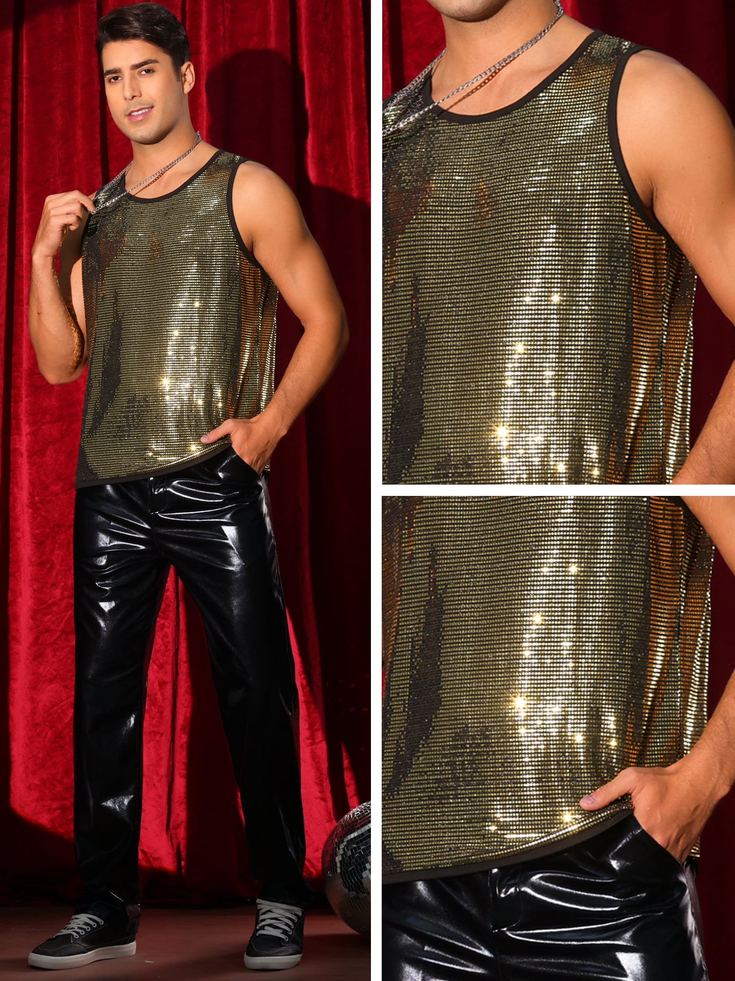 DARING DIVA Men's Sequin Tank Top Metallic Sparkle Glitter Sleeveless Tank Vest XL Gold