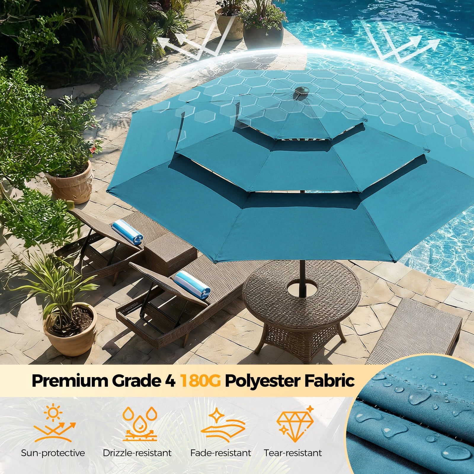 Patbrela 9ft 3-Tier Solar Patio Umbrella with LED Lights, Tilt Adjustment Outdoor Umbrella, Market Sun Shade for Beach, Backyard, Deck, Poolside, Blue