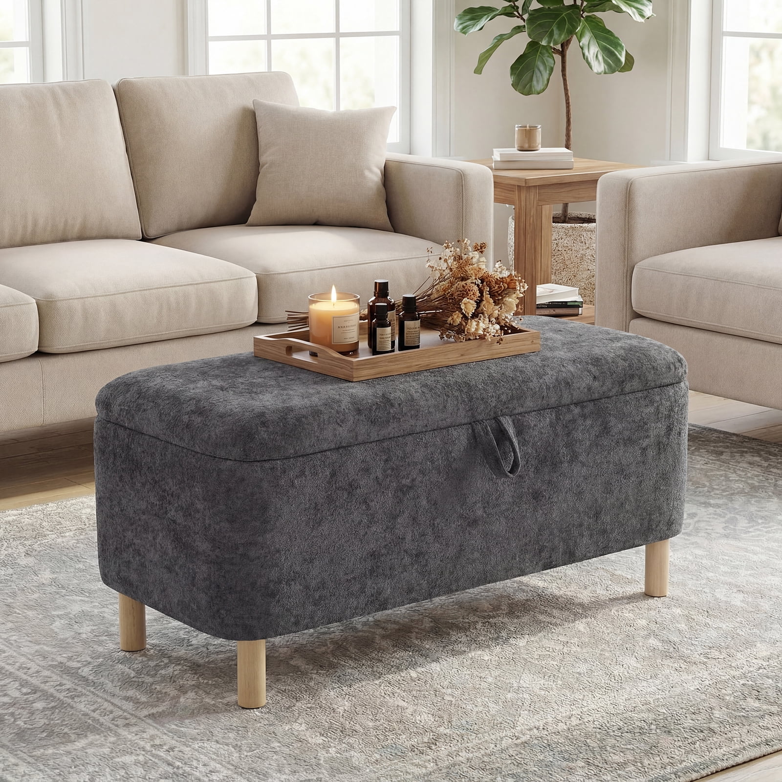 AFO 40" Storage Ottoman Bench, Large 80L End of Bed Bench with Safety Hinge, Upholstered Footrest for Bedroom Living Room Entryway, Dark Gray