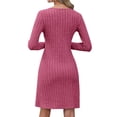 thumbnail image 4 of Xuanfei Women Solid Long Sleeve V Neck Button Down Ribbed Knitted A-Line Mini Dress, 4 of 7
