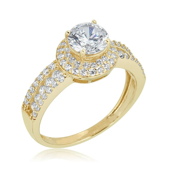 AVORA 10K Yellow Gold 1.25 Carat Simulated Diamond CZ Double Halo Engagement Wedding Anniversary Ring - Size 7.5