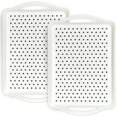 Non-slip Serving Trays, 2 Pack Large Serving Tray with Handles, 16.5" x 11.2" x 1.6" Food Serve Trays for Dinner, Drinks, Snacks (White)