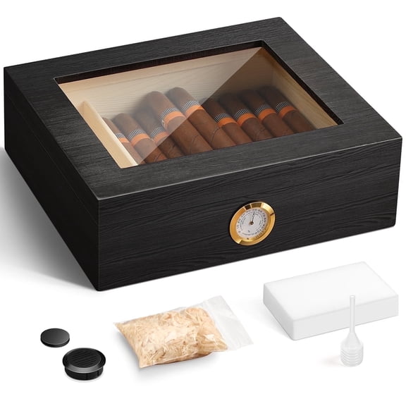 Cigar Humidor for 20-30 Cigars, Desktop Cedar Wood Storage Case Holds 20-30 Cigars with Hygrometer & Humidifier, Glass Top Cigar Box Retro Appearance Gift for Men (Black)