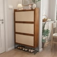 thumbnail image 6 of Narrow Shoe Cabinet with 3 Flip Drawers, Freestanding Shoe Organizer with Linen Doors, Slim Shoe Storage Cabinet Storage, Wooden Closed Shoe Rack for Entryway, Hallway, Living Room (Walnut), 6 of 7