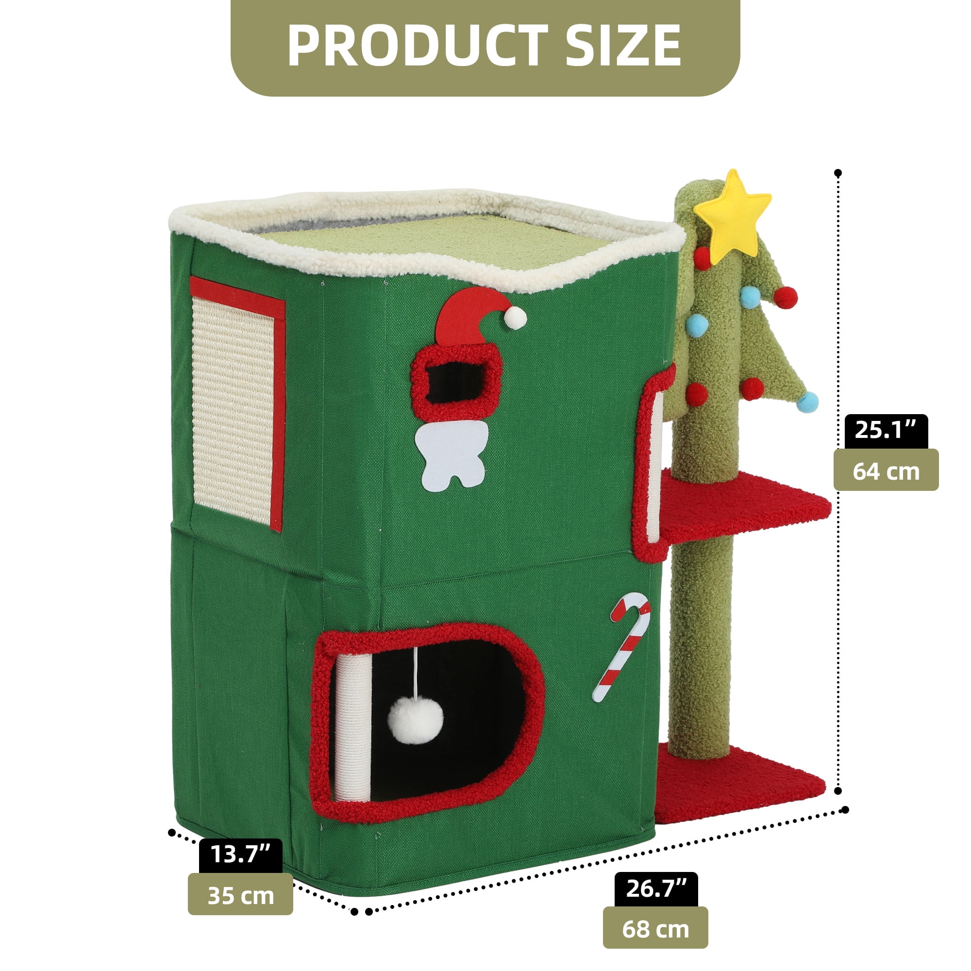Uforic 2-Level Christmas Cat House, Indoor Cat Play House with Scratching Posts & Hideaway Cave& Hanging Plush Balls, Green