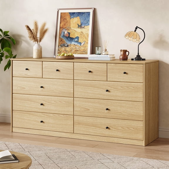 NVCODSA 10 Drawer Dresser for Bedroom, 55.1" Wide Wood Chest of Drawers with Ball Knobs, Natural