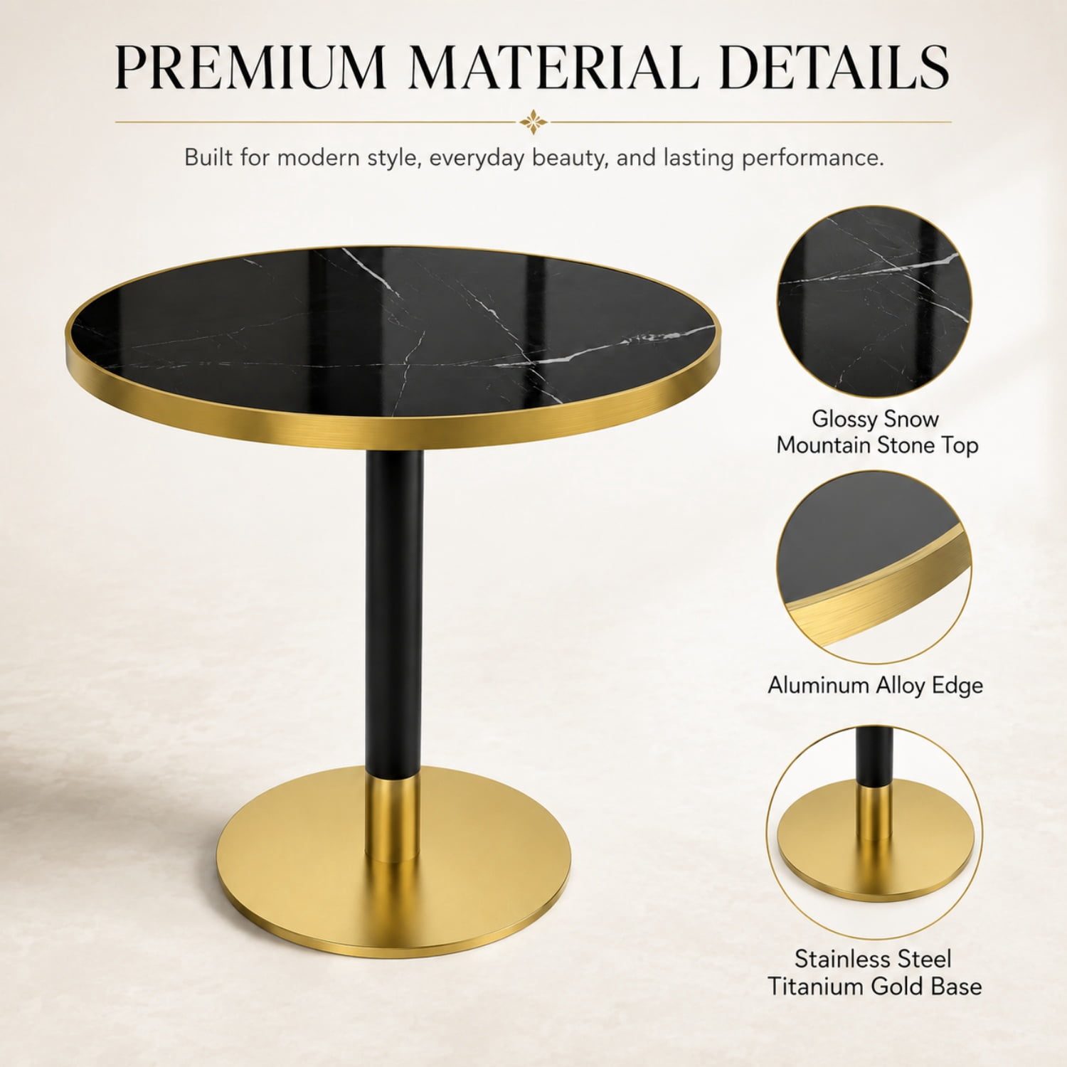 Miniyam 31.5 in. Round Tulip Dining Table for 2-4, Glossy Stone-Look Pedestal Table for Kitchen or Small Spaces, Black