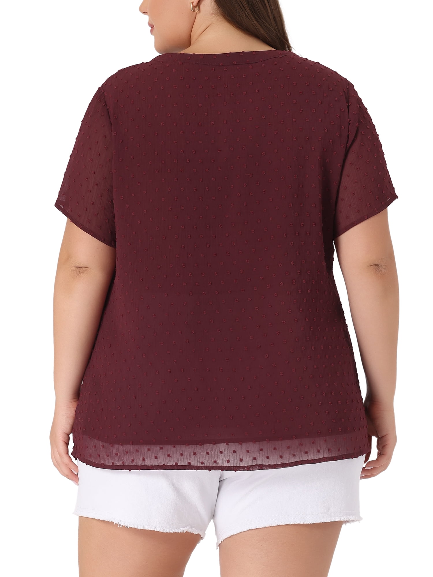 Unique Bargains Women's Plus Size Outfits Fashion Solid Pin Dots V Neck Top 1X Burgundy