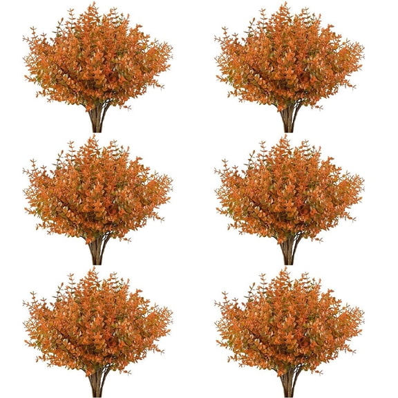 Fall Artificial Plants Set - 6 Piece Autumn Shrub Decorations for Home, Garden, and Porch - Orange Plastic Faux Foliage, Low Maintenance, Realistic 35x10x10 Inch Bouquets