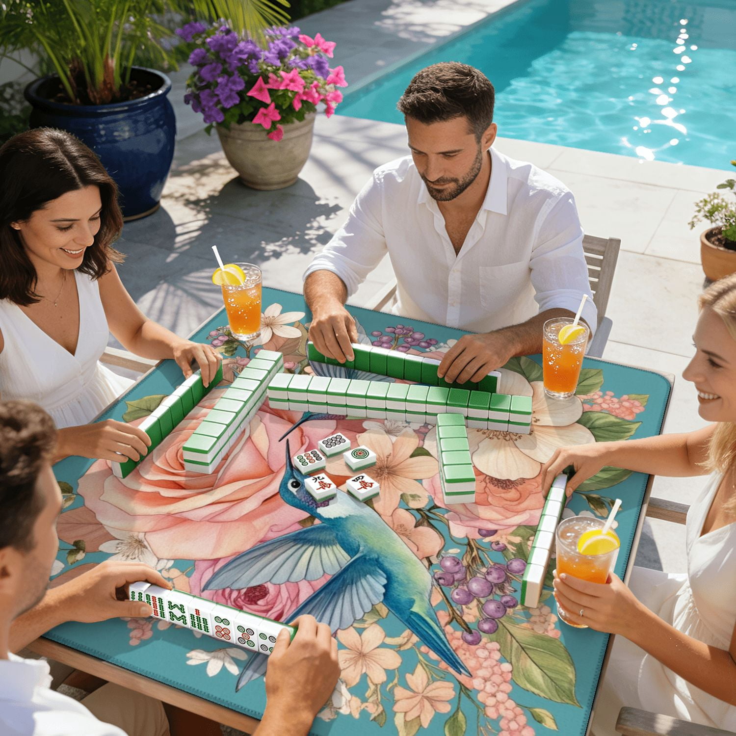 Mahjong Mat 31.5" x 31.5" Hummingbirds Among Pink White Roses Delicate Floral Arrangement Non-Slip Noise Reduction American Mahjong Tiles Table Cover for Dominoes Poker Card Board Games Gift