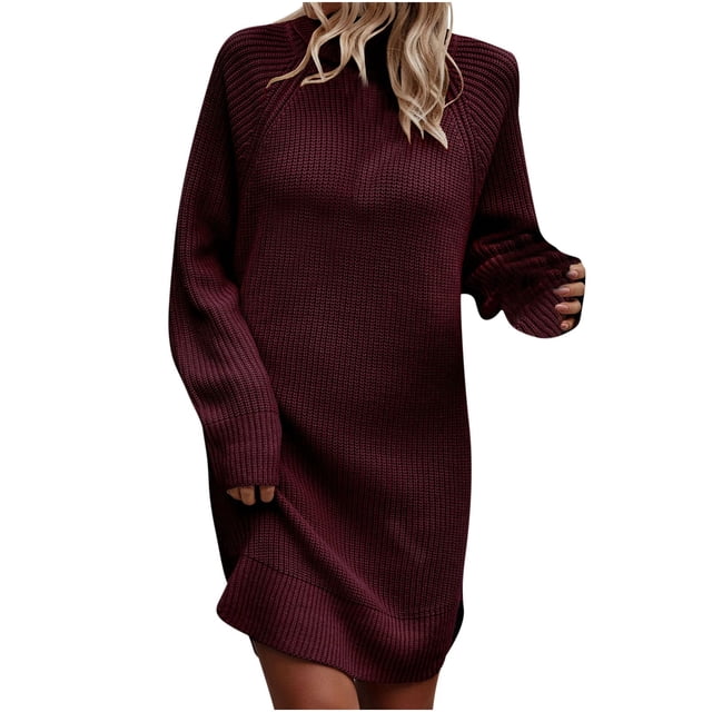 Yuyuzo Robe Chandail de Base pour Femmes à Manches Longues, Col Roulé, Tricot Côtelé, Chandail, Mini Robes Courtes