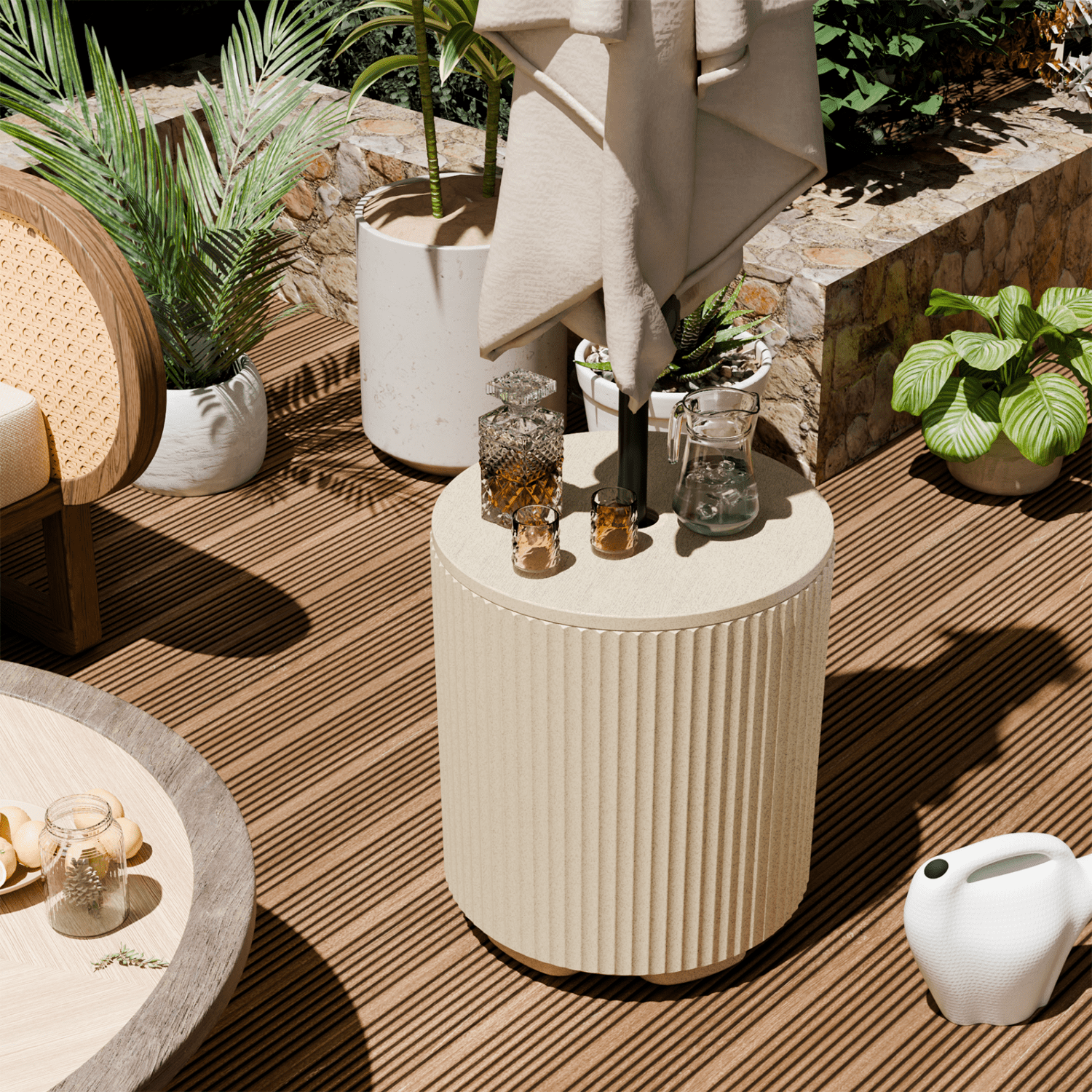 Chiccushion Umbrella Side Table, Patio Umbrella Base with 1.5 inch Hole, Fade & Scratch Resistant Lounger Table for Outdoor, Pool, Picnic, Beige