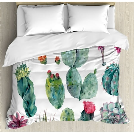 Nature Duvet Cover Set, Desert Botanical Herbal Cartoon Style Cactus Plant Flower with Spikes Print, Decorative Bedding Set with Pillow Shams, Green and Pink, by