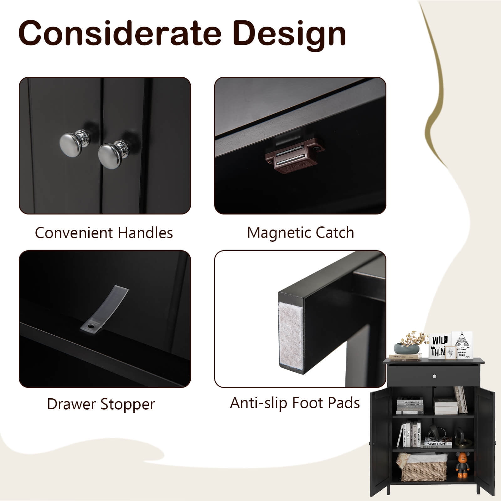 Costway Bathroom Floor Cabinet Freestanding Storage Organizer with 2 Doors Storage Cabinet Black