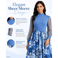 thumbnail image 5 of Plus Size Denim Floral Print Midi Dress, High Neck Mesh Sleeve Belted A-Line Dress with Front Slit & Pockets, 5 of 6