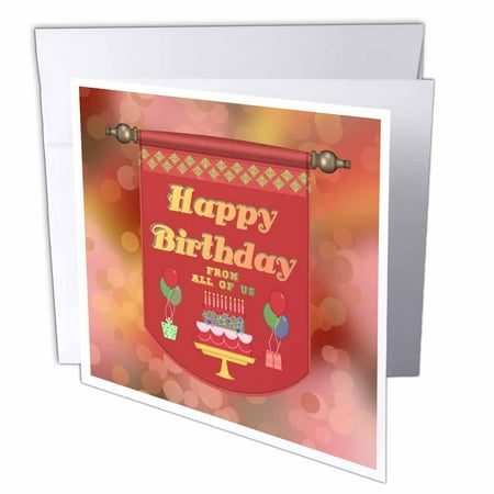 Greeting Card Gift Set - 3dRose Happy Birthday Banner, From All of Us, Cake with Gifts and Balloons, Greeting Cards, 6 x 6 inches, set of 12