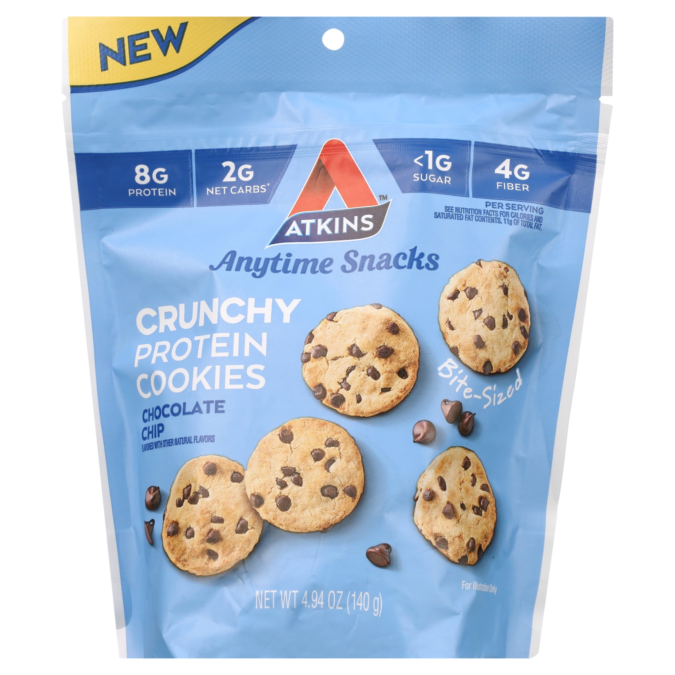 (4 pack) Atkins Crunchy Bite-Sized Protein Cookies, Chocolate Chip, 4.94 oz Resealable Bag