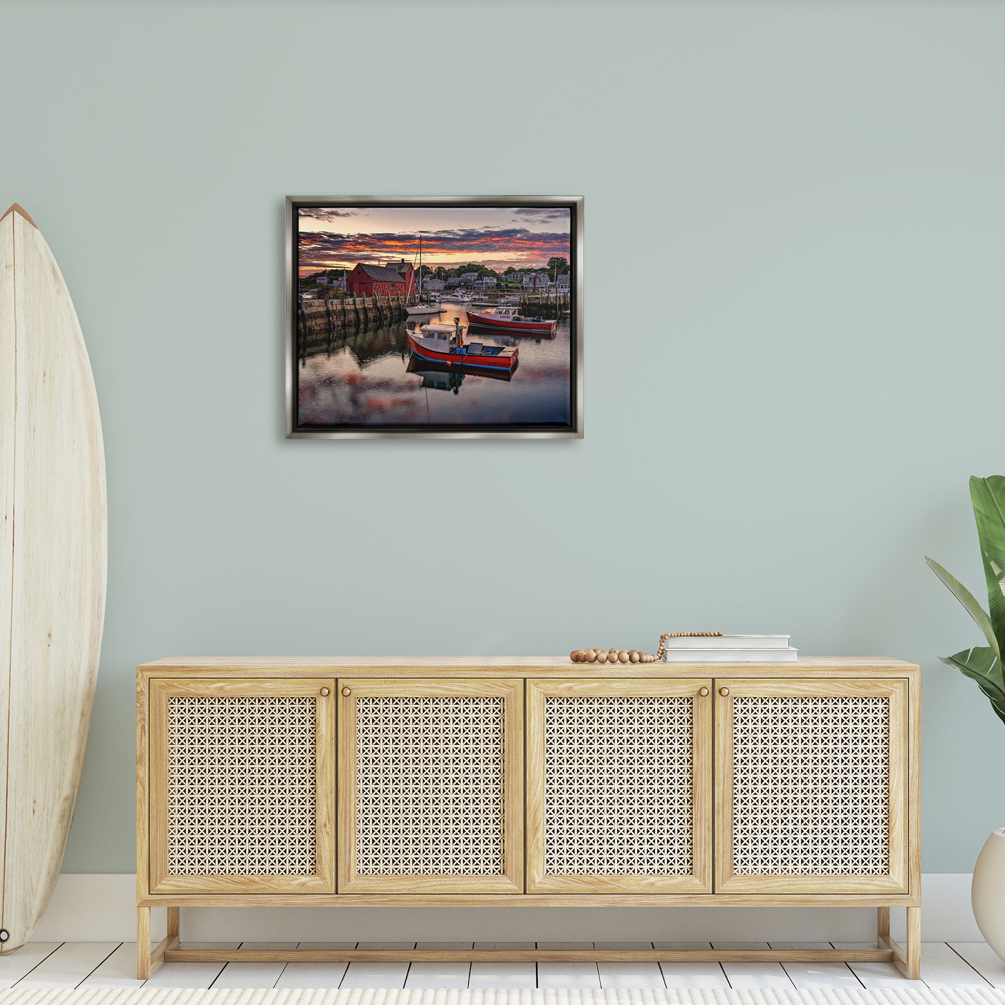 Stupell Boat Harbor Sunset Photography Landscape Photography Gray Floater Framed Art Print Wall Art
