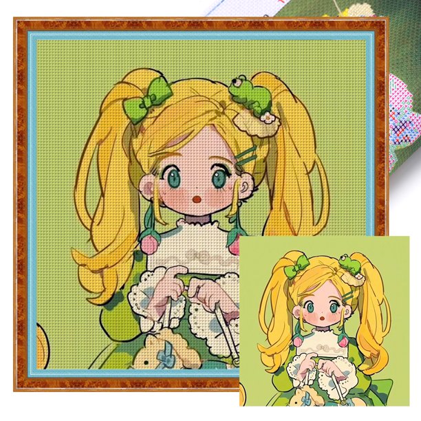 Hilo Algodón Bordado Punto Cruz Niña Dibujos Animados Con 9CT 50x50cm