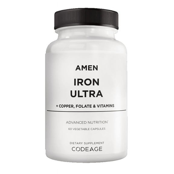 Amen Iron Ultra Supplement   Copper, Folate, Vitamin C & B12, Ferrous Sulfate 65mg Iron Pills, 60 ct