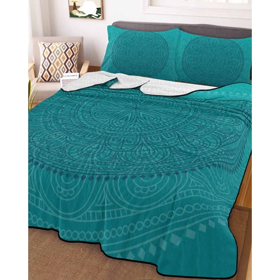 Teal Boho Queen Size Down Alternative Comforter, Lightweight Comforter Quilt Bedding Set with Pillow Shams Farmhouse Abstract Geometric Aesthetic Art All Seasons Bed Comforter Duvet Insert 90"x96"