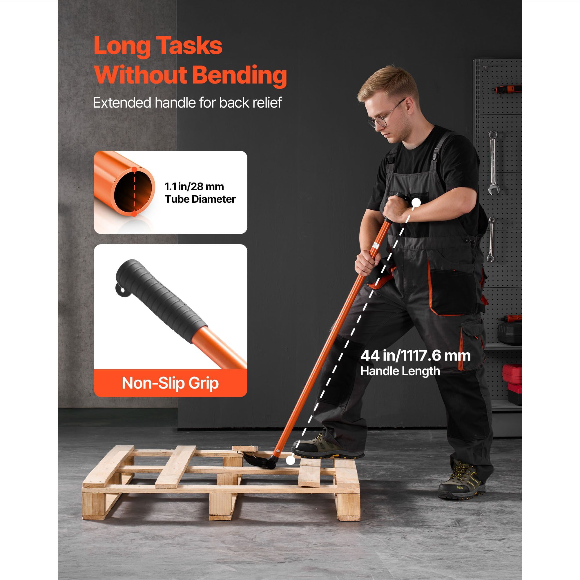 Heavy-Duty Lever Pallet Buster with 2000 lbs Prying Capacity, 50" Length, Heat-Treated Carbon Steel, for Pallet Deck Removal