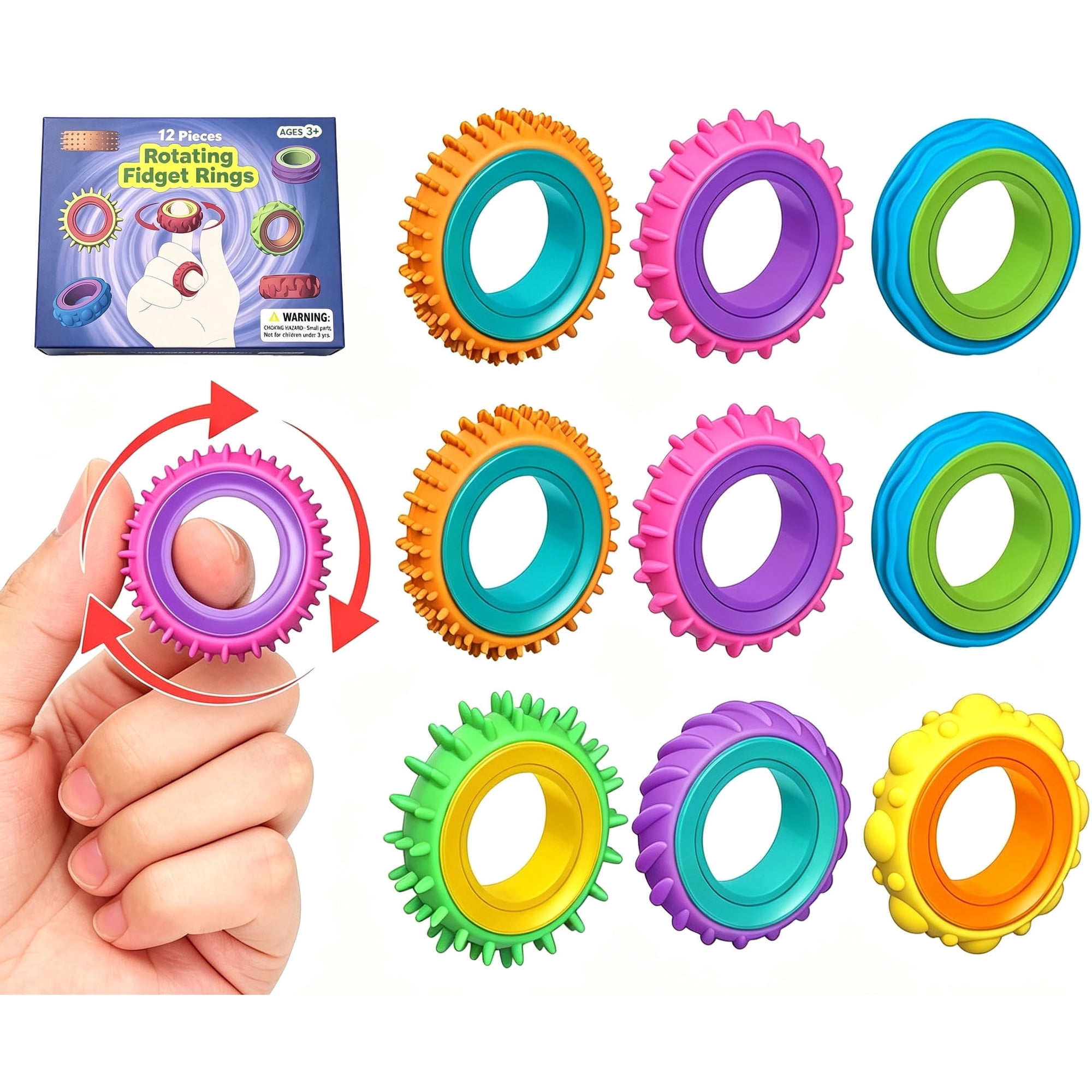 Fidget Toys Sensory Rings for Kids: 12 Pack Finger Spinner Rings - Texture Stress Toys for Kids Autism Calming - Fun Fidgets for Student Classroom Prize Stocking Stuffers