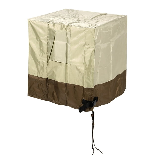 Unique Bargains Oxford Cloth Air Conditioner Cover measuring 26x26x32 inches in beige and brown. Designed for central air conditioners, it protects outdoor AC units from rain, snow, wind, and sun. Made of waterproof oxford cloth with mesh vents for air circulation, elastic hem cord, and adjustable buckle for secure installation. Suitable for square vertical AC units.