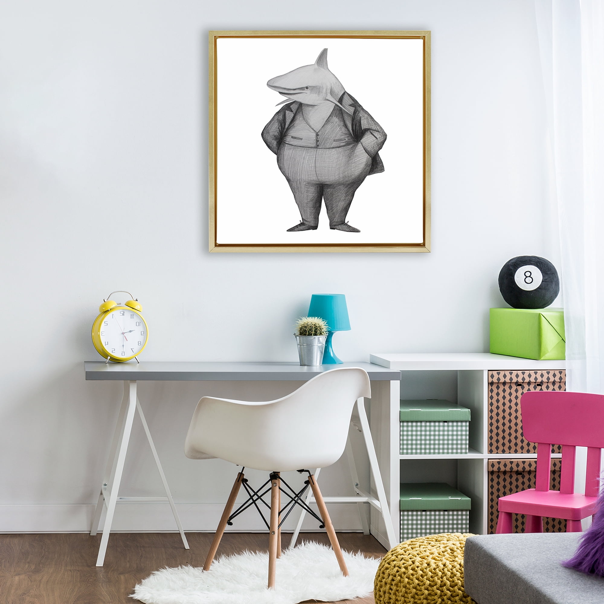 Stupell Industries Shark In Suit Drawing Gold Framed Floater Canvas Wall Art, design by Violeta Vollmer