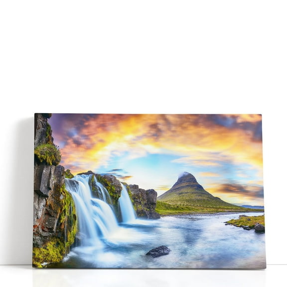 Kirkjufellsfoss Waterfall At Sunset in Iceland - Wrapped Canvas Print Wall Art | 18" W x 12" H