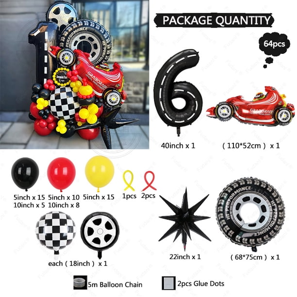 Juego de 64 globos con temática de coche de carreras, camión, ruedas, neumáticos, decoraciones para fiesta de cumpleaños del 1.º al 9.º para niño, baby shower
