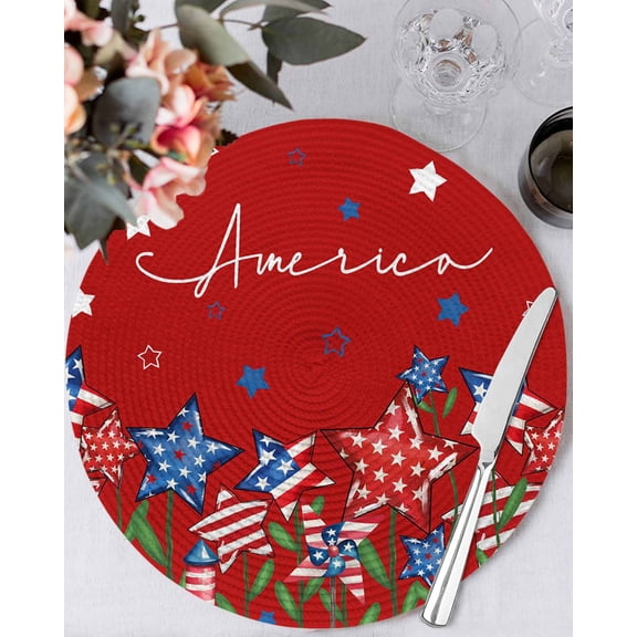 15 Inch Round Placemats Set of 4, Independence Day Non Slip Heat Insulation PP Table Mats, 4th of July Red Striped Stars Patriotic Washable Place Mats for Kitchen Dining Party Table Decor