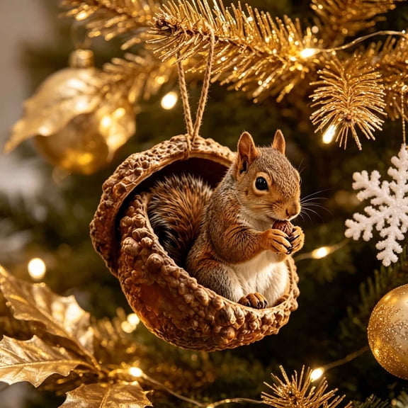 Charming Squirrel Acorn Christmas Ornament, 3.15 In Flat Acrylic Woodland Animal Keepsake, Holiday Hanging Decor For Christmas Tree, Wreath - Squirrel