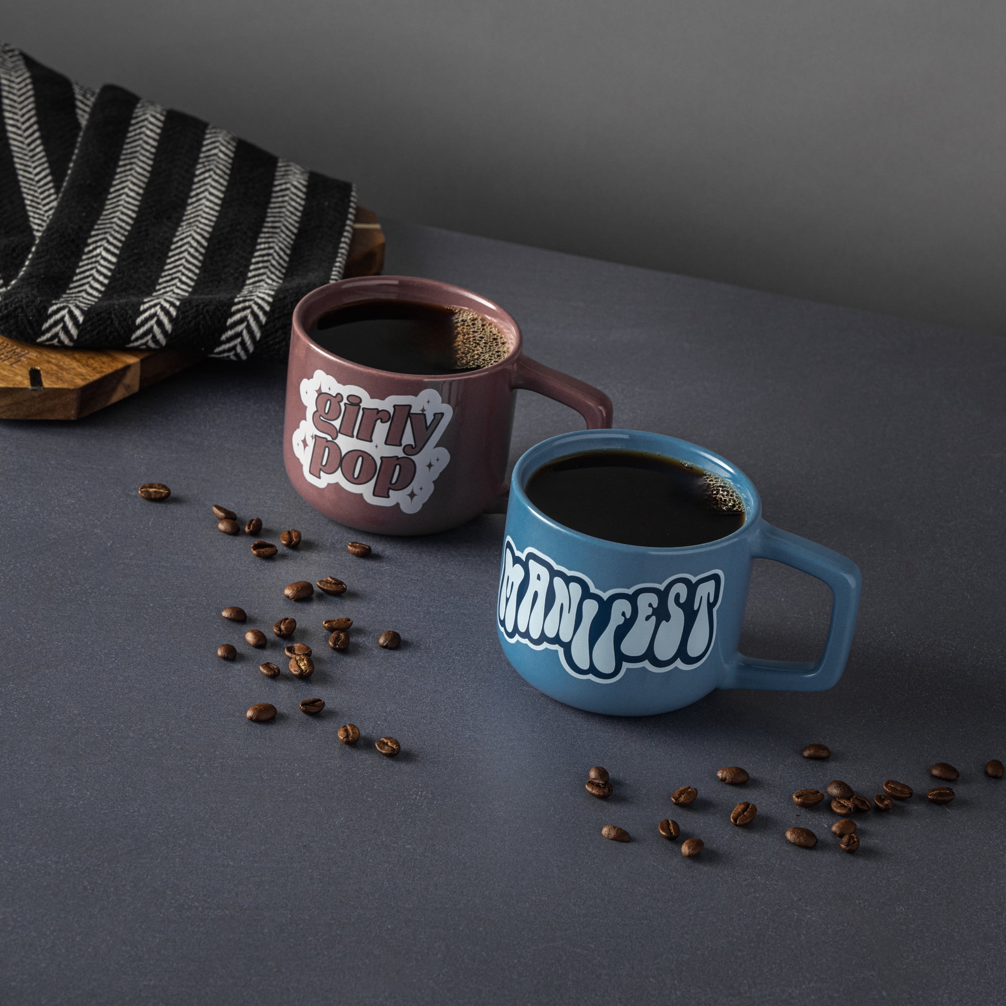 Thyme & Table 2 Pack Manifest Blue and Girly Pop Purple Mugs 13.8 fl oz, Stoneware