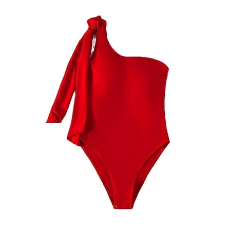 

Women High Stretch Elegant Plain One Shoulder Red One-Pieces S