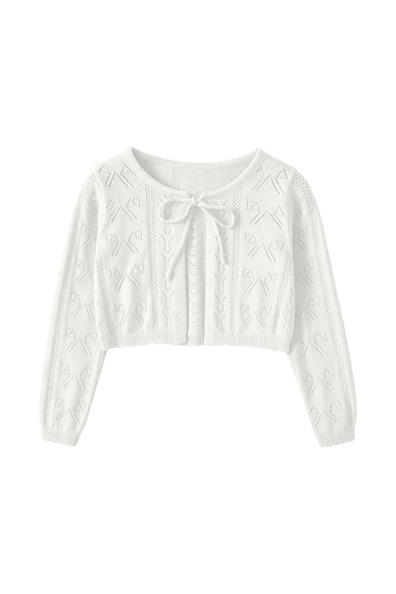 Little Girls Clothes Long Sleeve Knit Cardigan Open Front Bowknot Hollow out Lightweight Sweater Fall Casual Cropped Cover up Tops
