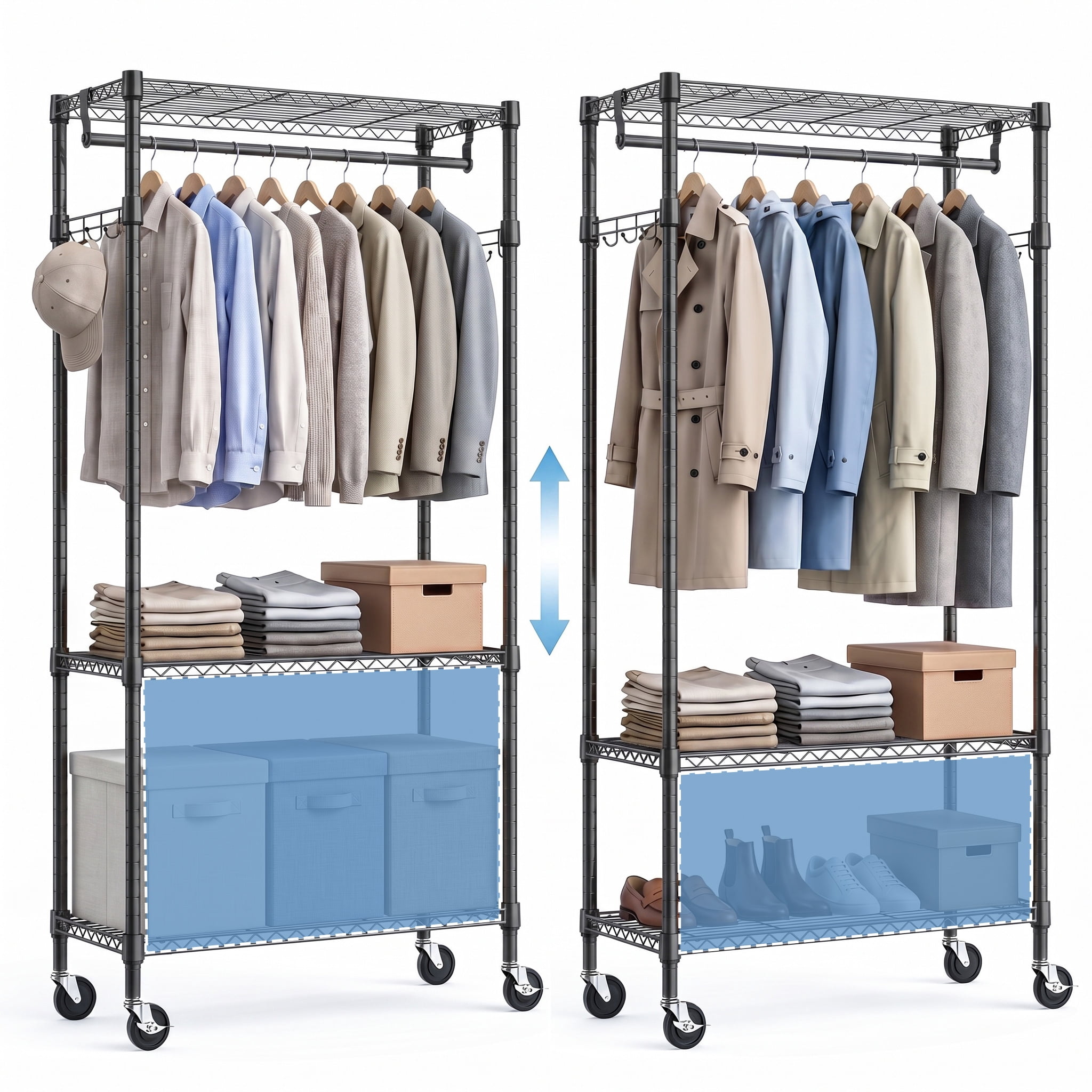 Garment Rack 29.5x15.7x74.5 Inch 3-Tier Carbon Steel 750 lbs Capacity with Lockable Wheels for Bedroom Laundry