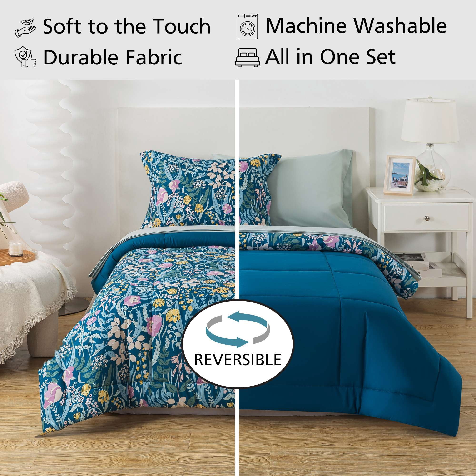 Mainstays All in One Reversible Comforter and Sheet Set, 5-Piece, Twin, Blue Floral